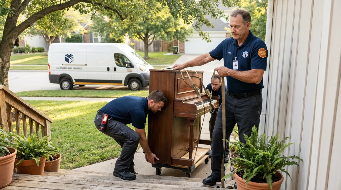 Licensed piano movers securing grand piano in Riva, MD