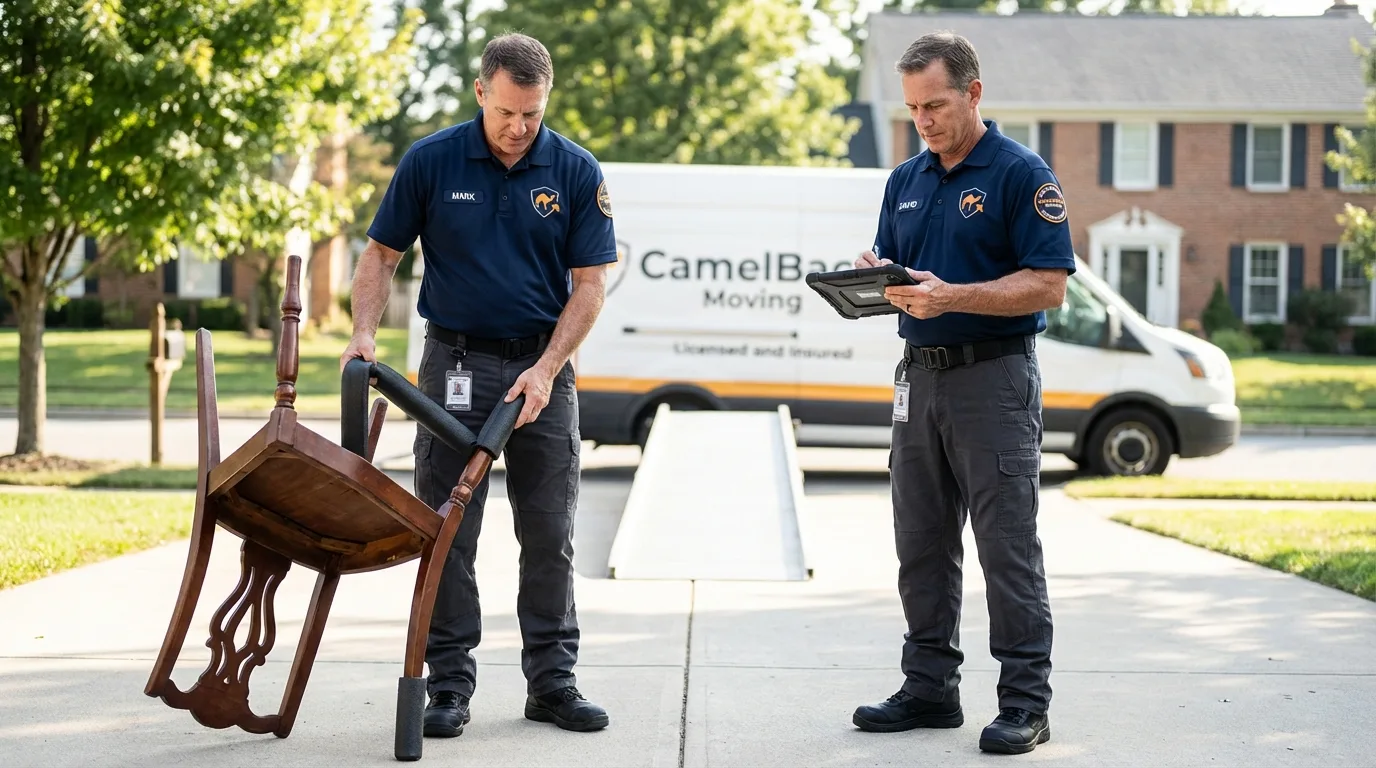 Movers inspecting furniture for damage prevention before loading in Riva, MD