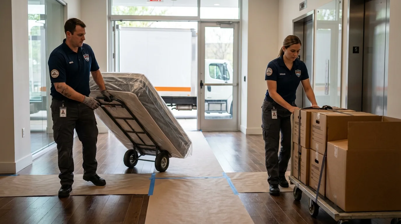 Professional apartment movers loading elevator in Riva, MD